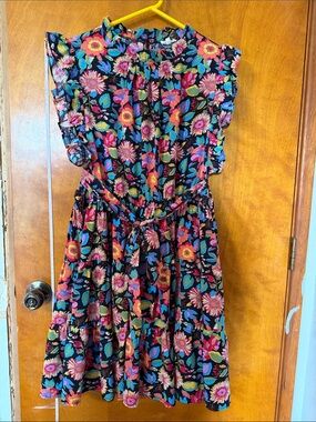 JODIFL Black Floral Belted Casual Dress with Multicolor Blooms